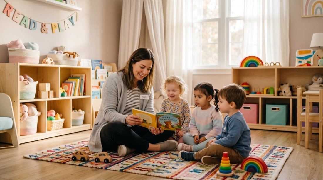 Cuidadora leyendo un cuento a niños pequeños en una sala de juegos luminosa