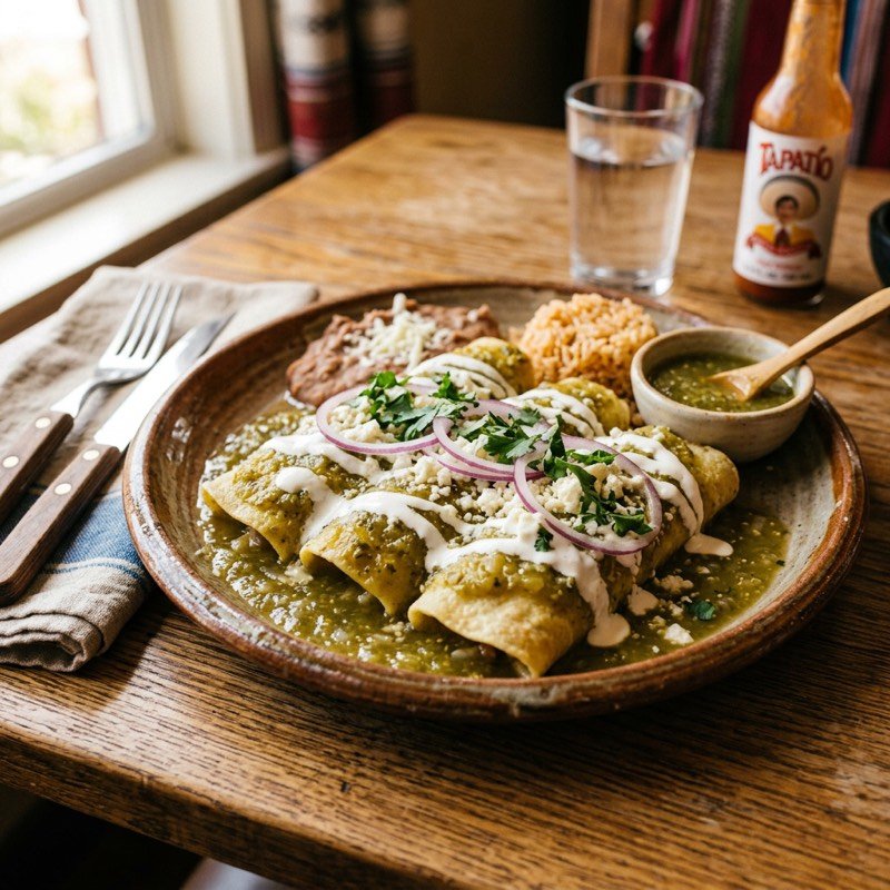 Enchiladas verdes con crema y queso fresco