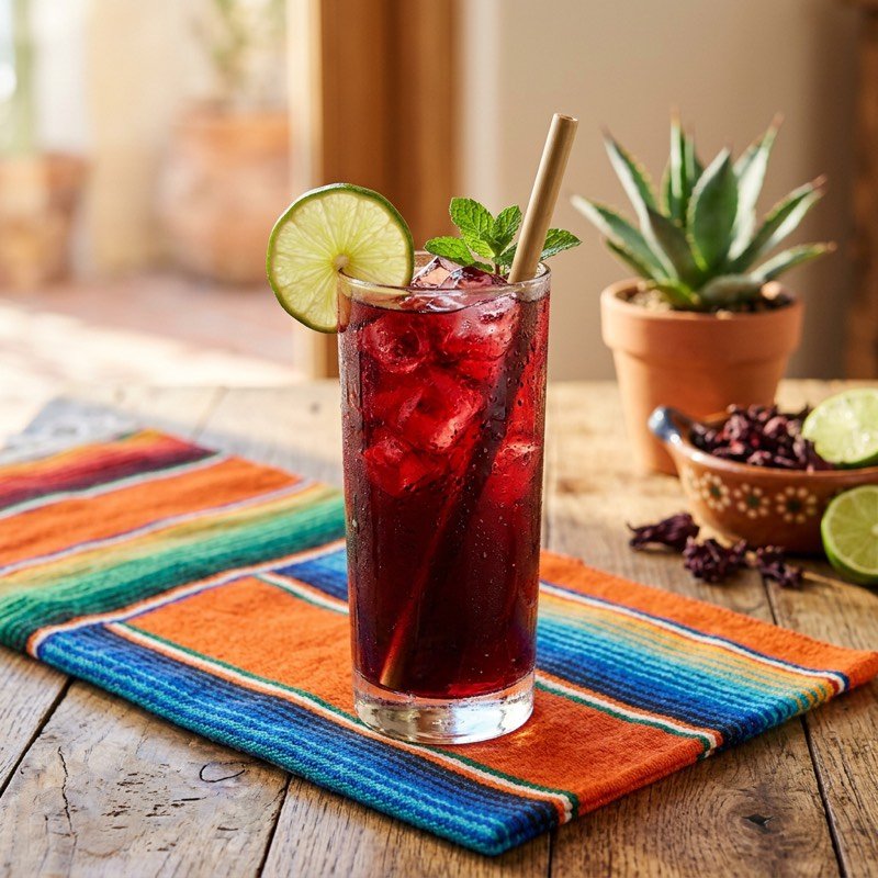 Agua de jamaica con hielo y limón