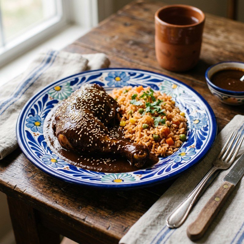 Mole poblano con arroz rojo en plato de talavera