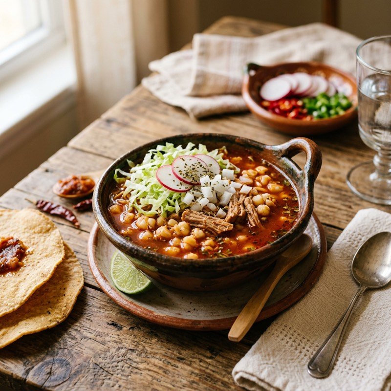 Pozole rojo con rábano, lechuga y tostadas