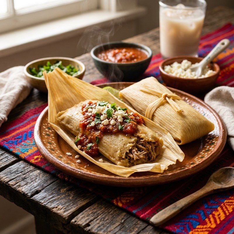 Tamal en hoja de maíz con salsa roja